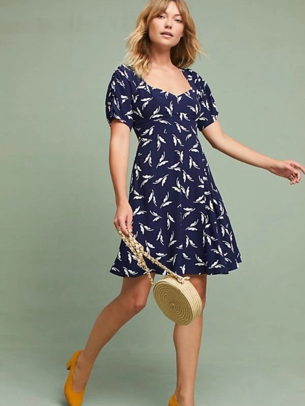 Maeve Anthropologie Navy & White Fern Botanical Fit & Flare Dress | Size 14